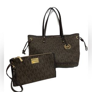 Michael Kors Monogram Reversible Signature Brown Tote W Matching Pouch Wallet